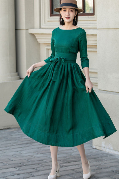 Emerald Green Linen Midi Dress - Bow Tie Waist Pockets | Xiaolizi 5721