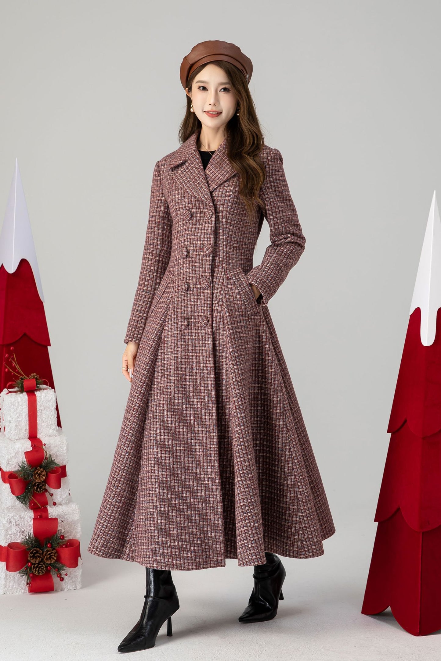 Vintage inspired plaid long wool coat 4614