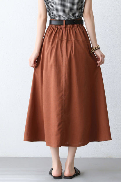 Orange Linen Cotton Midi Skirt - High Waist with Side Pockets 2887