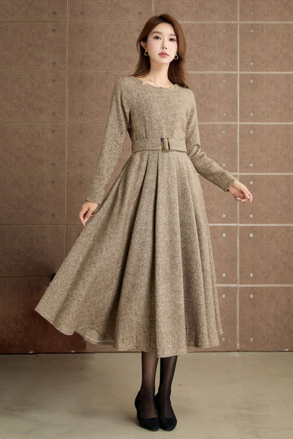 Handmade Wool Blend Dress – Elegant Camel Midi with Pockets 5361