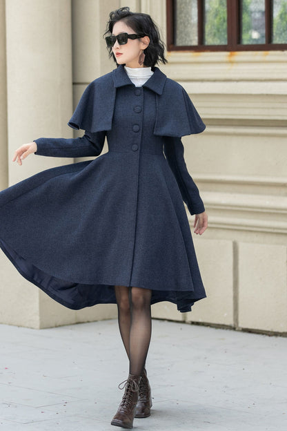 Navy Blue Wool Coat – Vintage Winter Cape Overcoat with High-Low Hem 5352