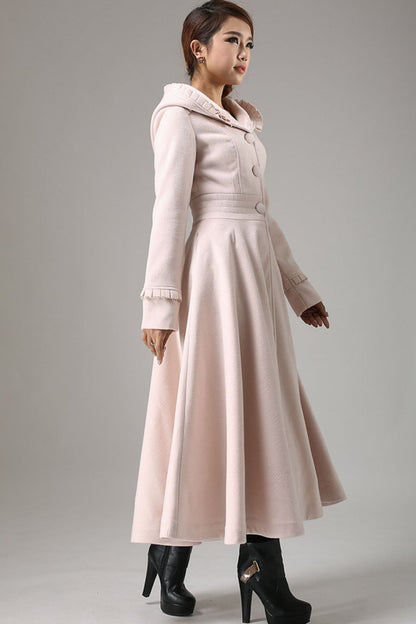 Vintage Pink Wool Blend Coat – Ruffle Hood Long Winter Coat for Women | Xiaolizi 0727