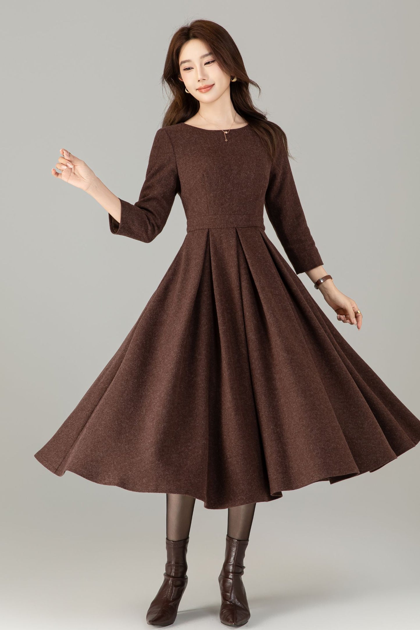 Vintage Wool Blend Midi Dress – Handmade Fit and Flare Winter Dress with Pockets | Xiaolizi 6495