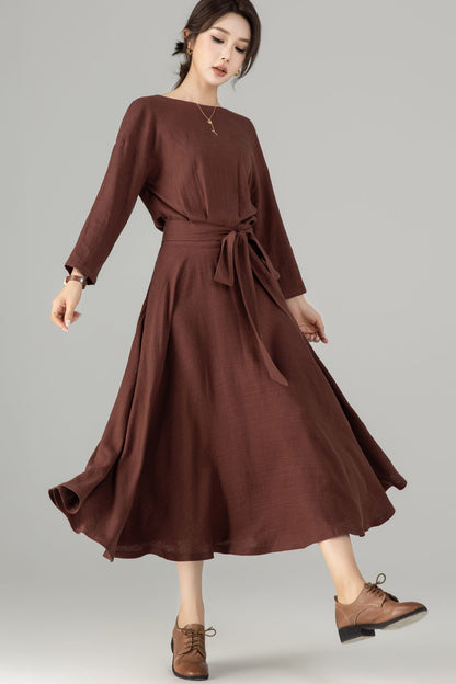 Brown Linen Cotton Midi Dress - Boat Neck, Belted Waist 5704