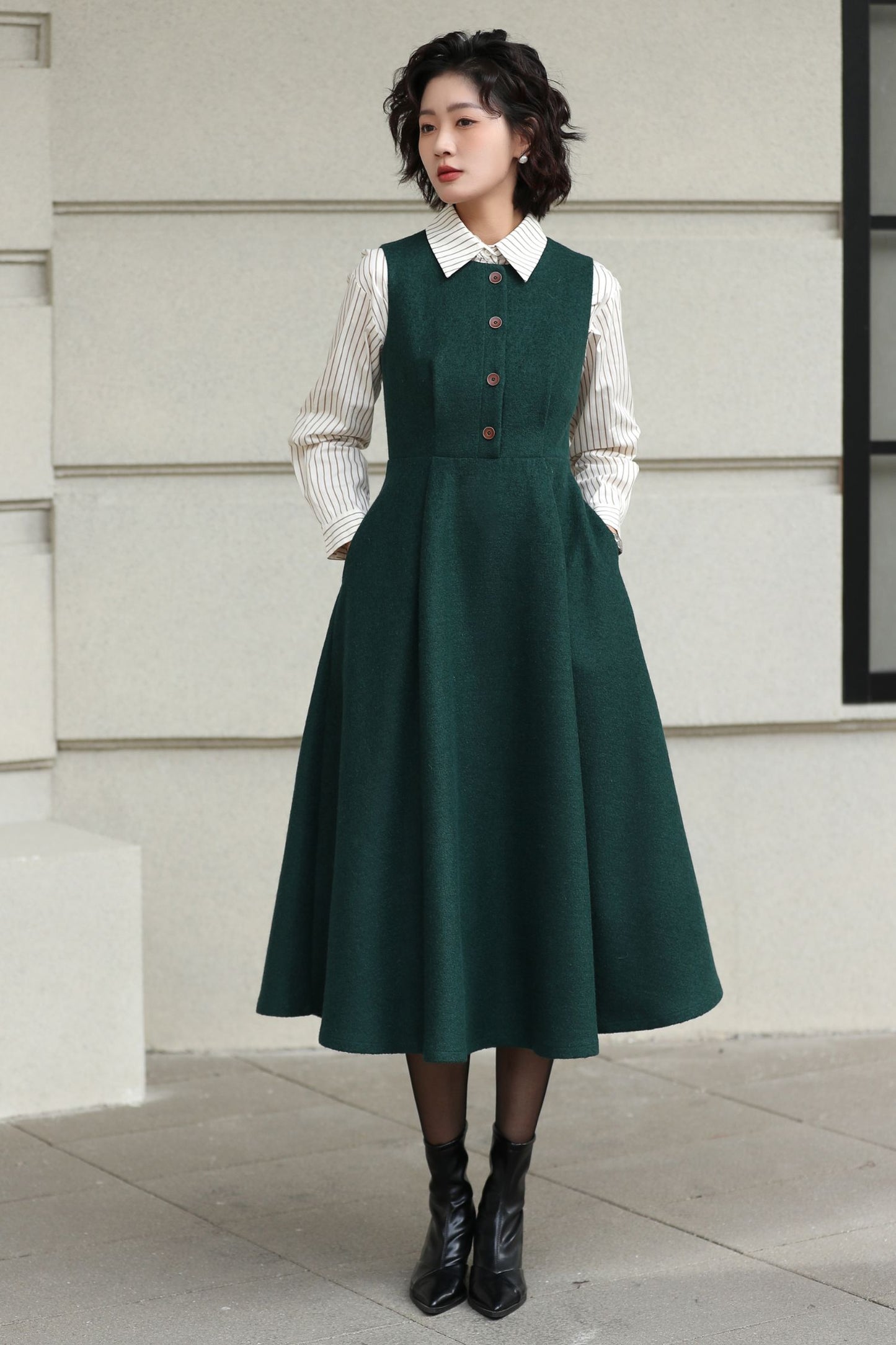 Handmade Vintage Wool Dress – Green Sleeveless A-Line Midi Winter Dress 6615