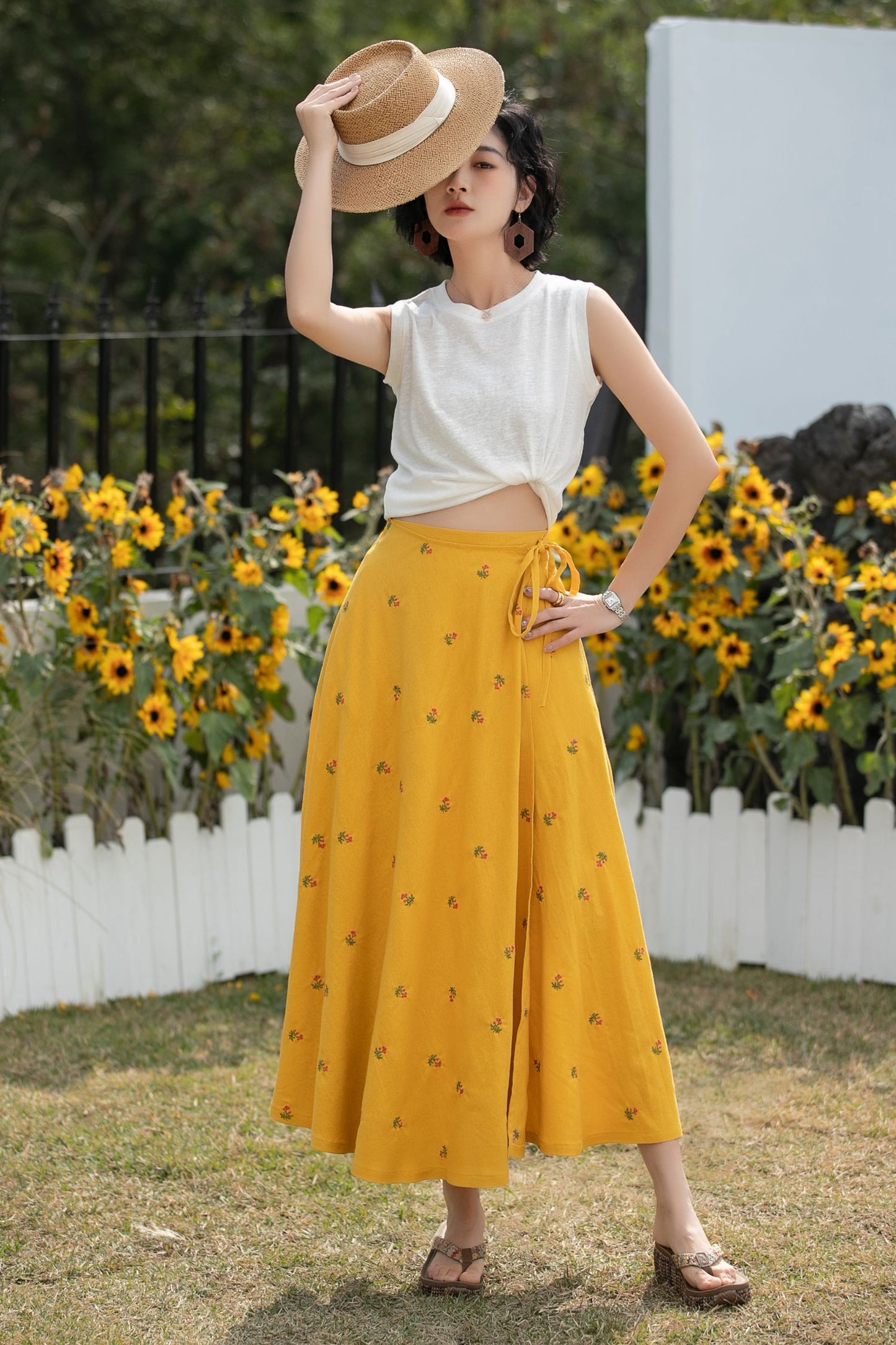 Xiaolizi Linen Wrap Midi Skirt – Mustard Yellow Floral A-Line Summer Skirt 6688