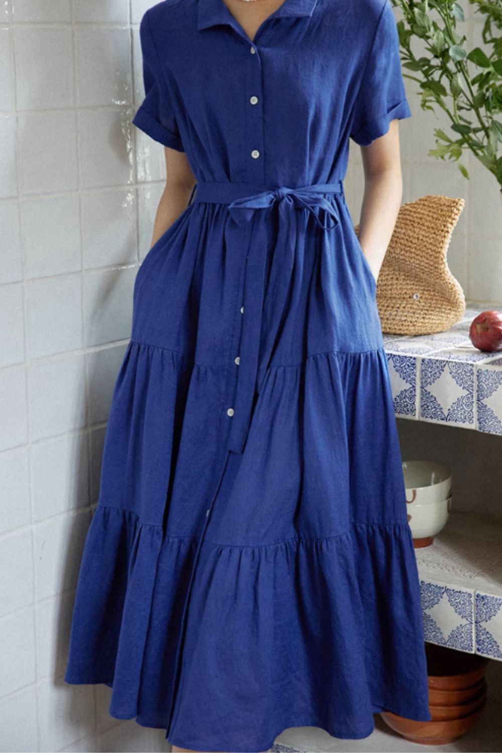 Maxi shirt dress women with belt waist 4844