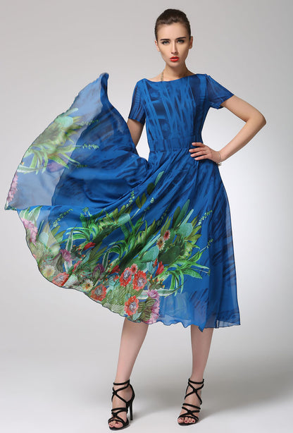 Blue Floral Chiffon Midi Dress for Women 1247