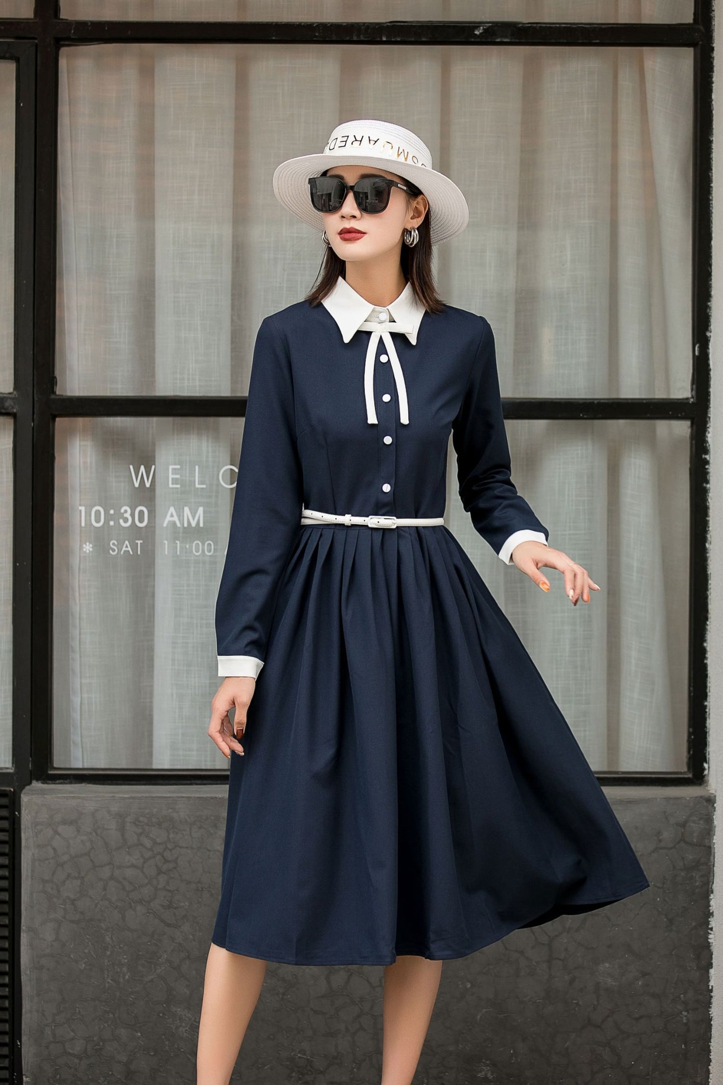 Summer Fall Navy Formal Button Up Midi Dress 2845