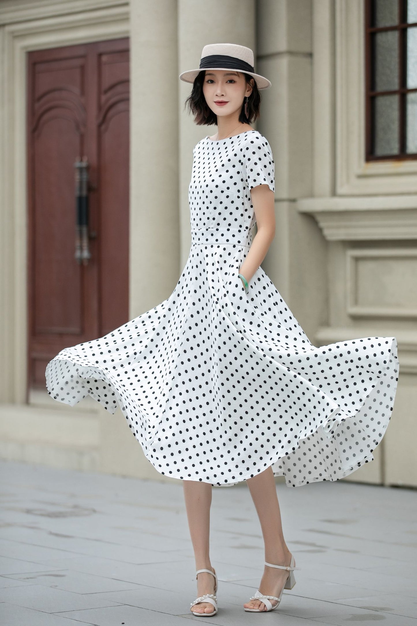 Black and white polka dot summer linen dress 5225