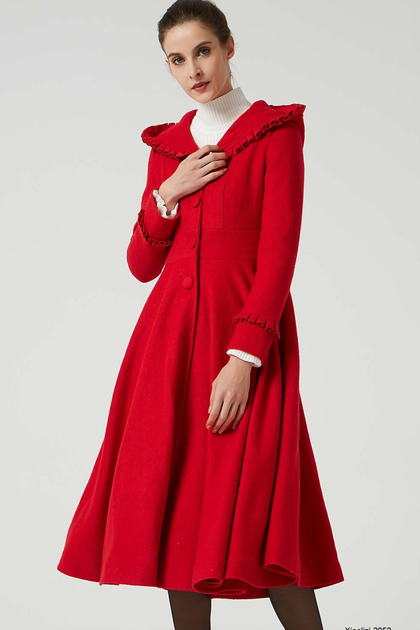 long red wool dress coat with ruffle details 2052