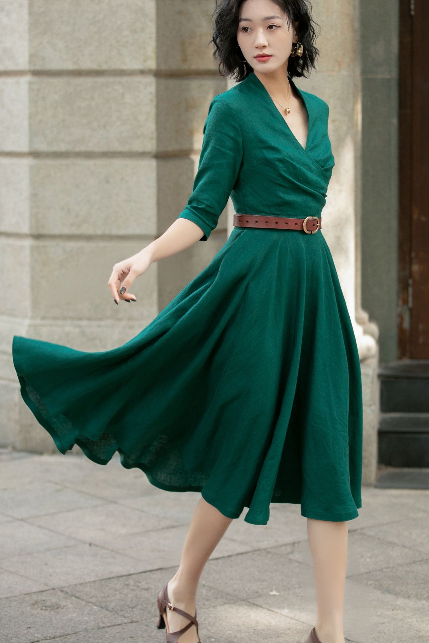 Green swing linen midi dress women 5677