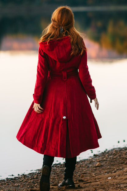 Burgundy Wool Coat Maxi - Hooded, Double Breasted, Self Tie Waist 3218