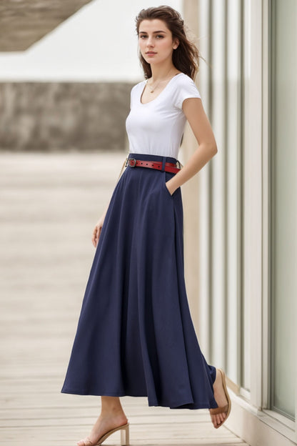 Navy Blue Linen Blend Maxi Skirt - High Waist A-Line with Pockets 5131