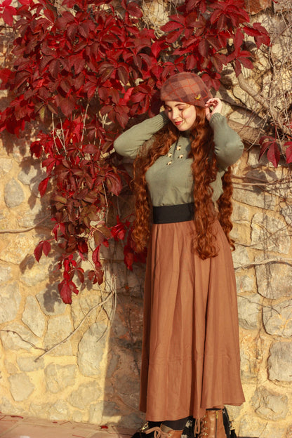 Brown Wool Swing Midi Skirt - High Waist Elegant Winterwear 4810