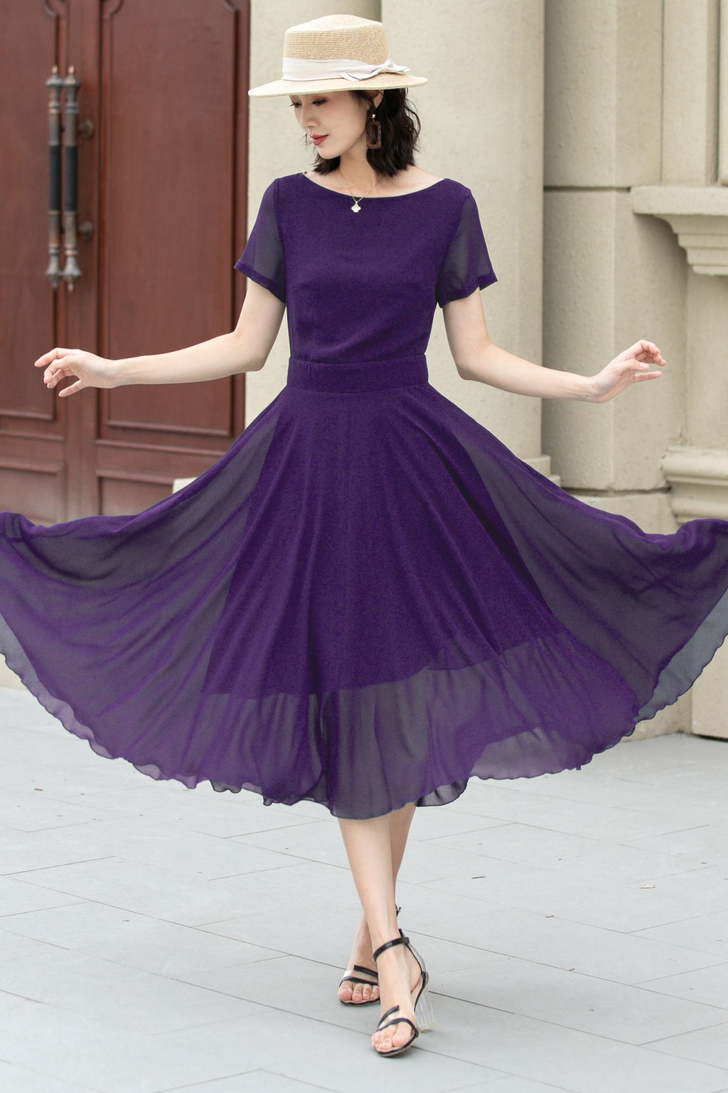 Midi fit and flare summer swing chiffon dress 6106