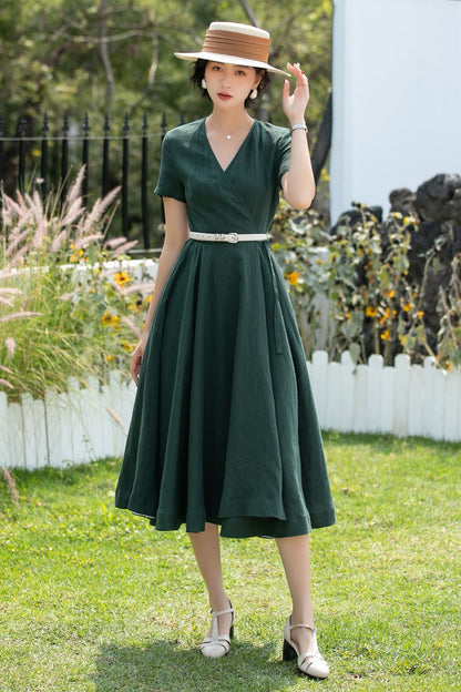 V-Neck Linen Fit and Flare Midi Dress | Xiaolizi 6739 - Size XS #CK2600280