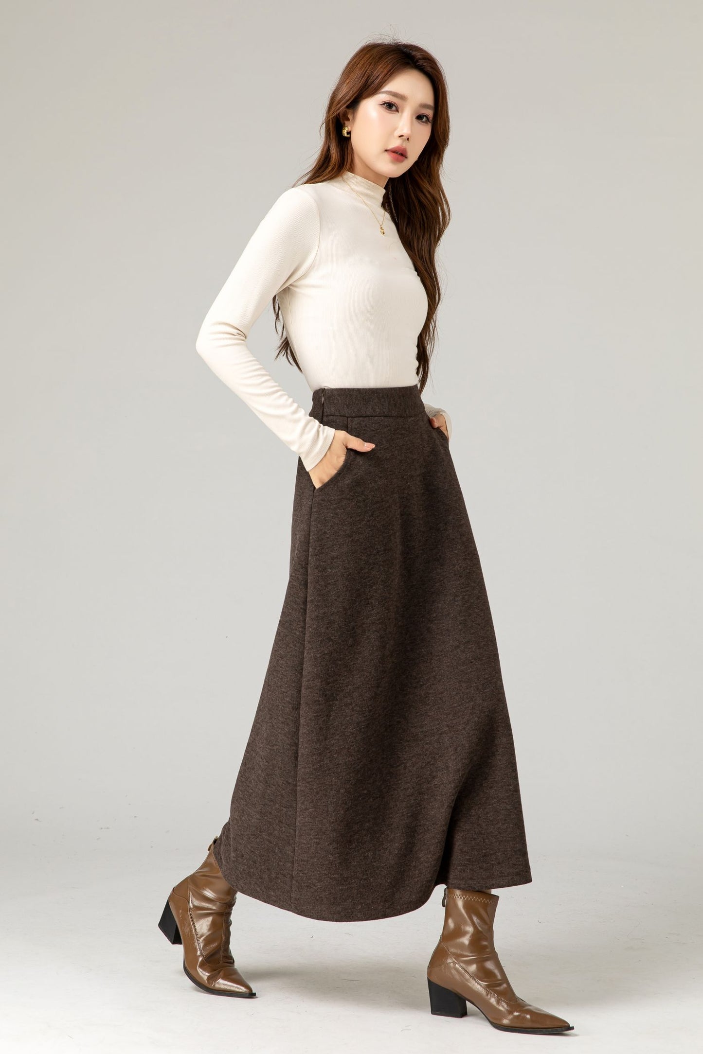 Brown a line winter wool skirt women 5483