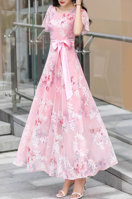 Pink embroidered maxi prom party dress 5084