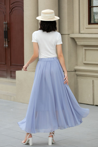 Handmade Light Blue Chiffon Midi Skirt – Flowing A-Line Swing with Elastic Waist 5110
