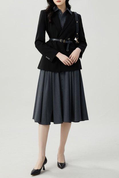 Charcoal Polyester Midi Shirt Dress - Button Front with Belted Waist HY0029