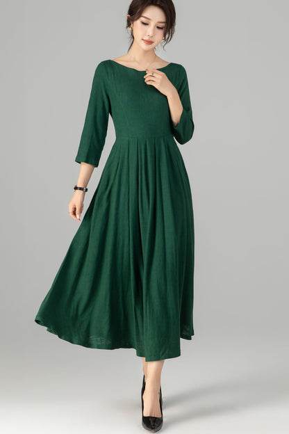 Handmade Emerald Green Linen Dress | 1950s Vintage Style Midi with Pleated Waist 5714