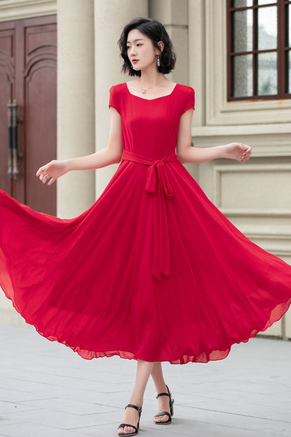 Red Chiffon Midi Dress - Fit and Flare with Sweetheart Neckline 5176