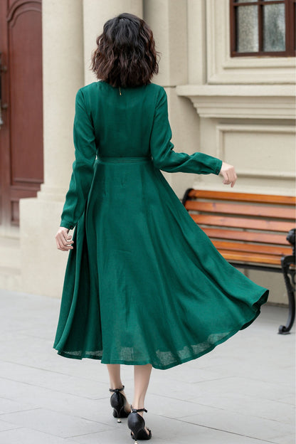 Green Linen Midi Dress - Fit and Flare Wrap with V-Neckline 4966