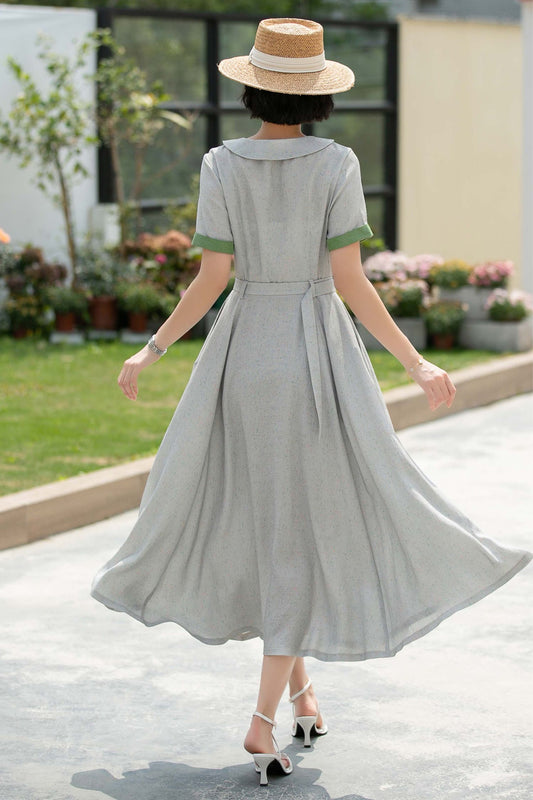 Minimal Grey Shirt Dress – Casual Work Midi Dress with Pockets - Linen maxi dress 5987