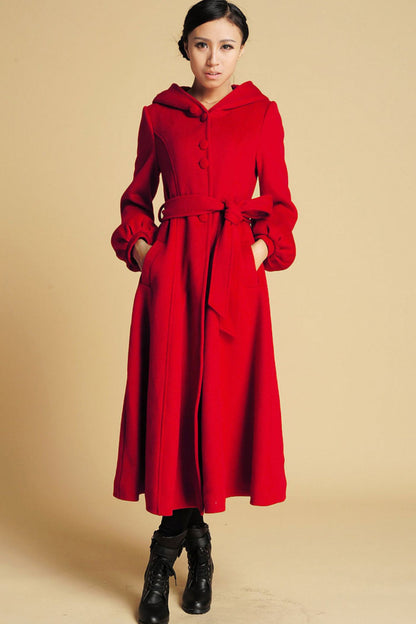Red Wool Hooded Swing Coat – Vintage Fit & Flare Winter Overcoat with Belt 0394