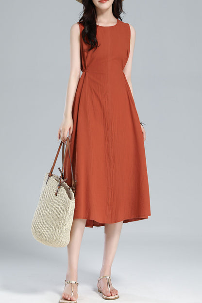 Orange Linen Blend Sleeveless Midi Dress - A-Line Silhouette with Belt 3617