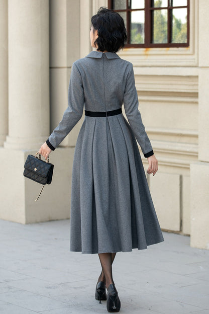 Elegant Gray Wool Dress – Long Sleeve Fit and Flare Midi Dress 5457