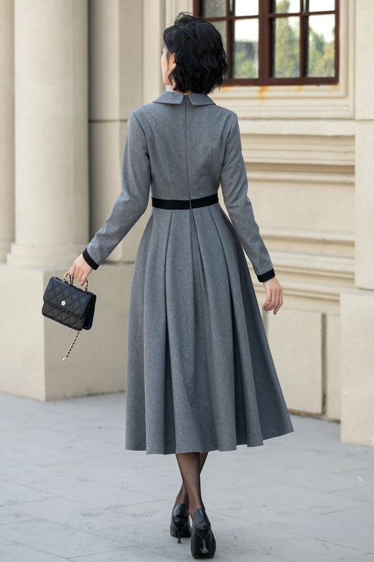 Elegant Gray Wool Dress – Long Sleeve Fit and Flare Midi Dress 5457