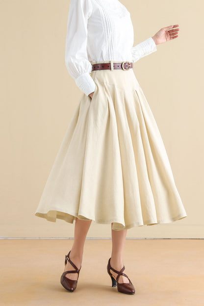 Women Beige Pleated Linen Midi Skirt 2797