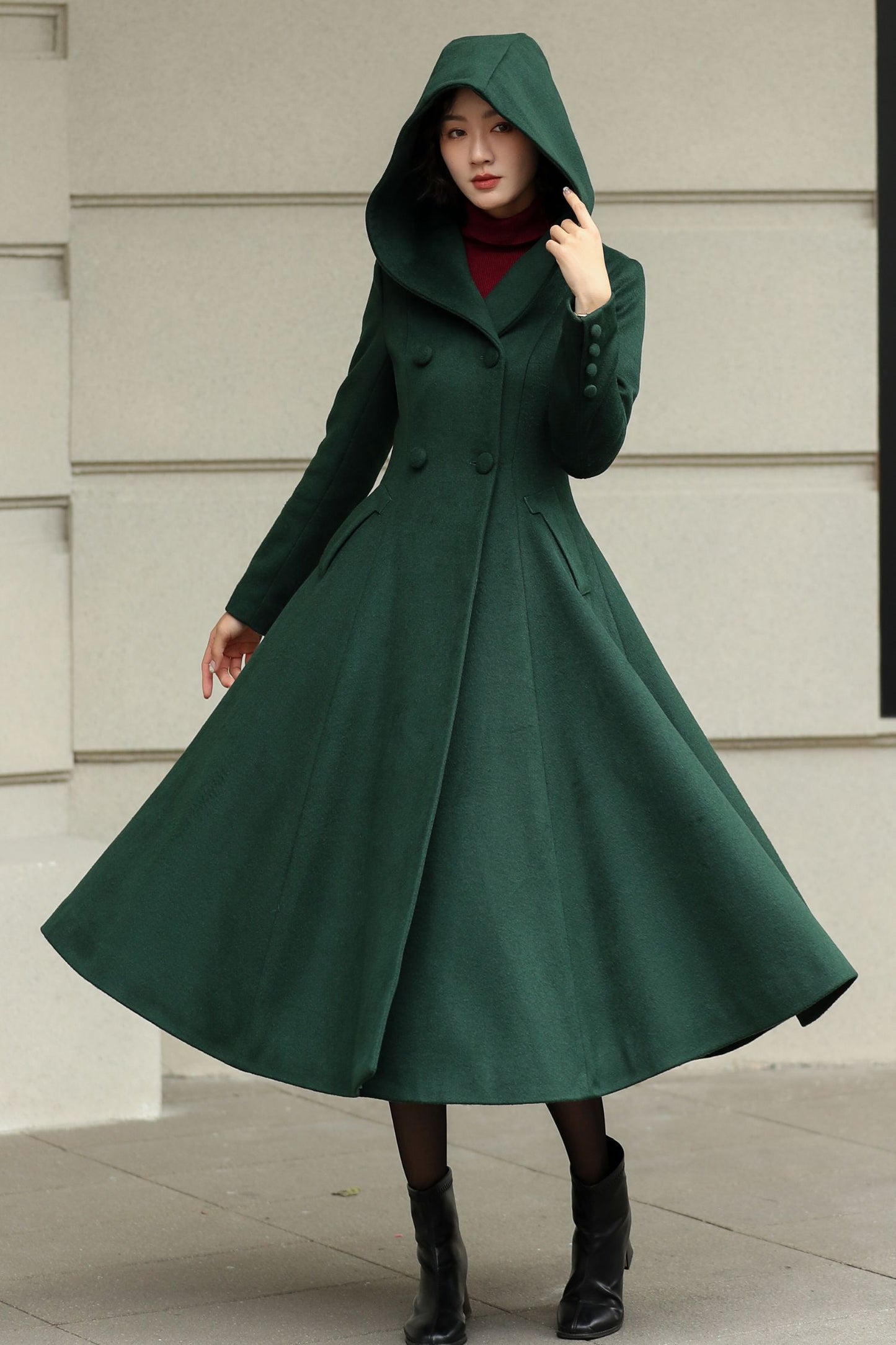 Green Hooded Wool Coat – Handmade Long Fit and Flare Double-Breasted Winter Overcoat for Women 6537
