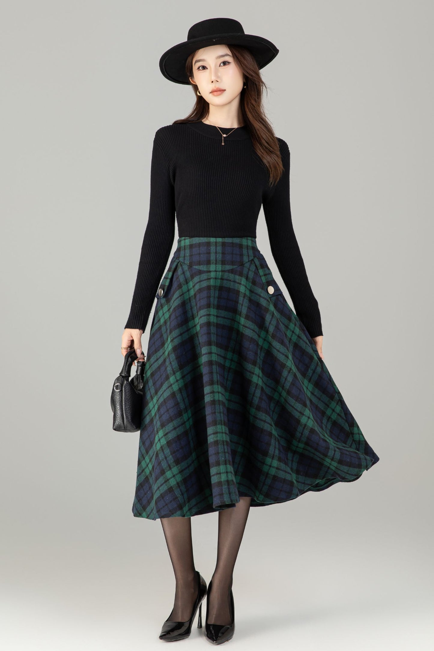 Xiaolizi Plaid Wool-Blend Pleated A-Line Midi Skirt – Plus-Size Winter 6502