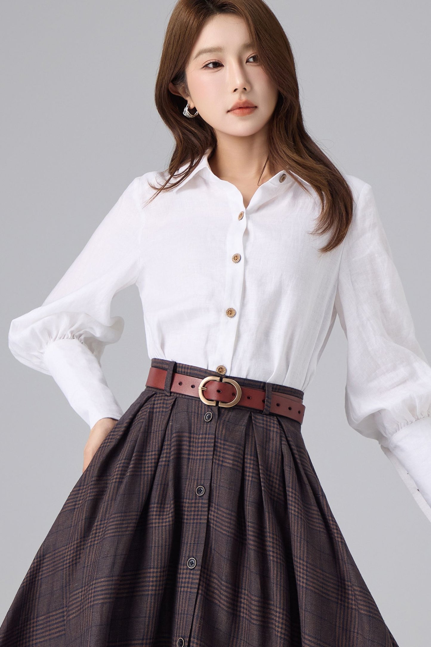 White Linen Cotton Shirt for Women – Puff Sleeve Vintage Inspired Button Blouse | Xiaolizi 6765