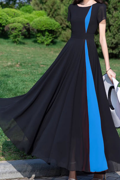 Block color maxi summer prom chiffon dress 5155