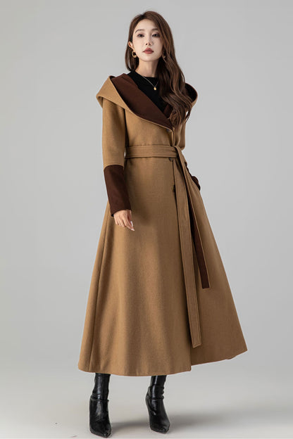 Camel Wool Trench Coat - Hooded, Two-Tone Contrast Cuffs 4505