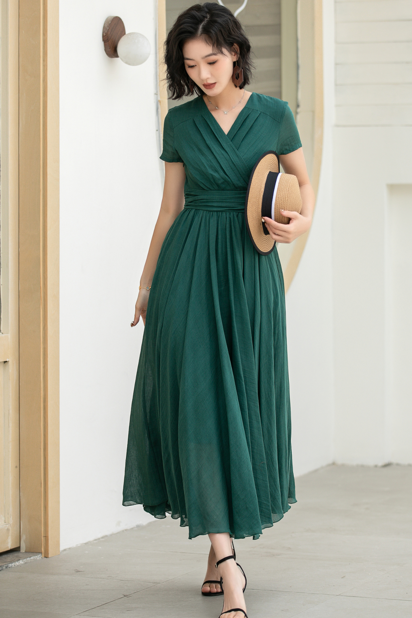 Green Maxi Pleated linen dress 5832