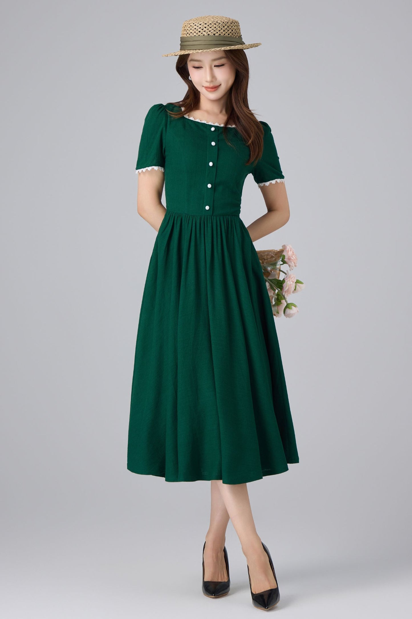 Emerald Linen Midi Dress - Square Neck Puff Sleeve | Xiaolizi 6760