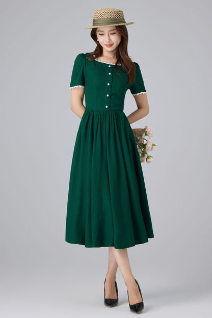 Emerald Linen Midi Dress - Square Neck Puff Sleeve | Xiaolizi 6760