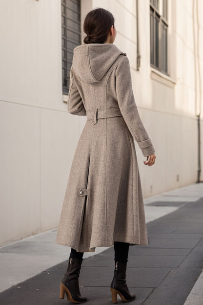 Taupe Wool Coat - Double-Breasted Hooded A-Line Midi 5243