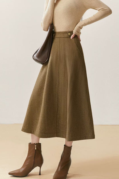 Khaki Midi Wool Blend Midi Skirt - Women A-Line Skirt Winter 7023