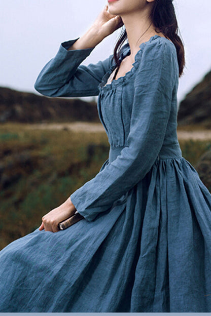 A line long sleeves spring linen dress HY0036
