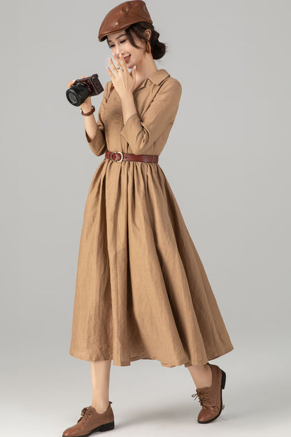 Khaki Linen Midi Shirt Dress - Pleated Fit and Flare Elegance 5707