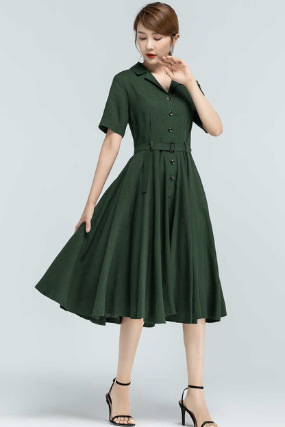 Green Linen-Cotton Midi Shirt Dress - Belted Vintage Swing 5764