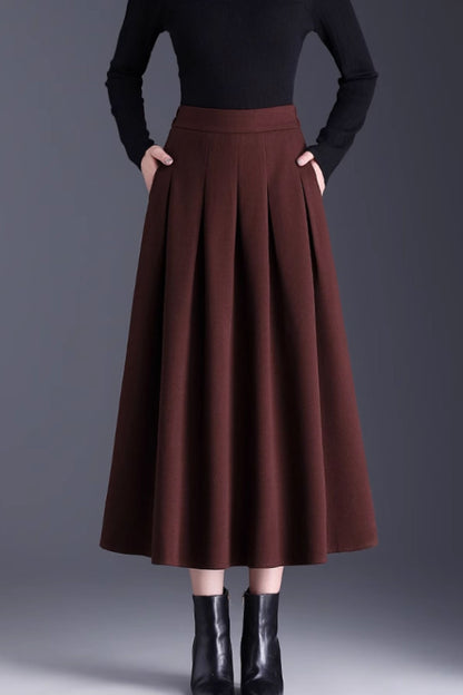 Burgundy Wool Midi Skirt - Pleated A-Line Silhouette 6138