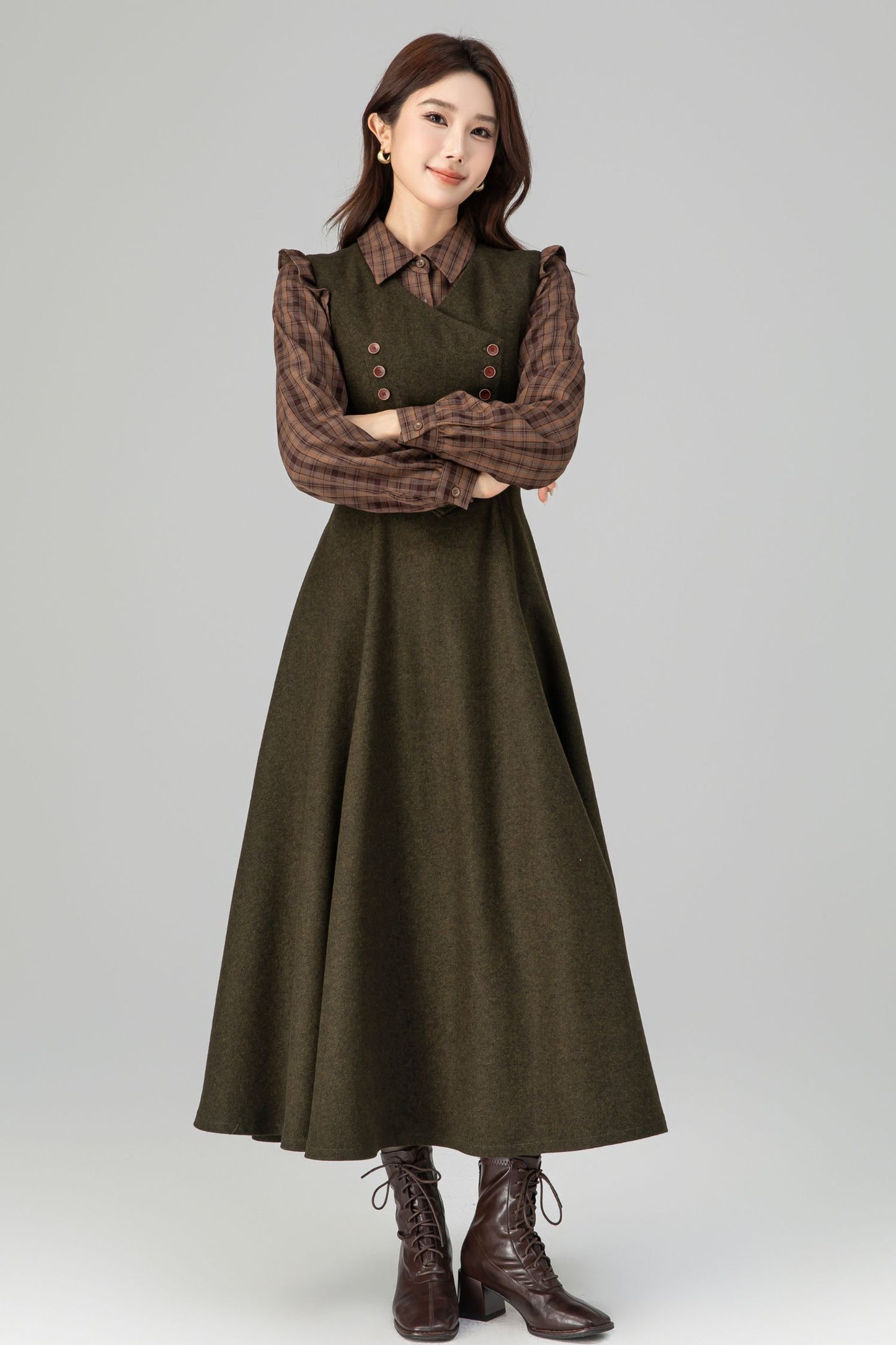Army Green Wool Pinafore Dress – Vintage Sleeveless Long Winter Dress with Pockets 6394