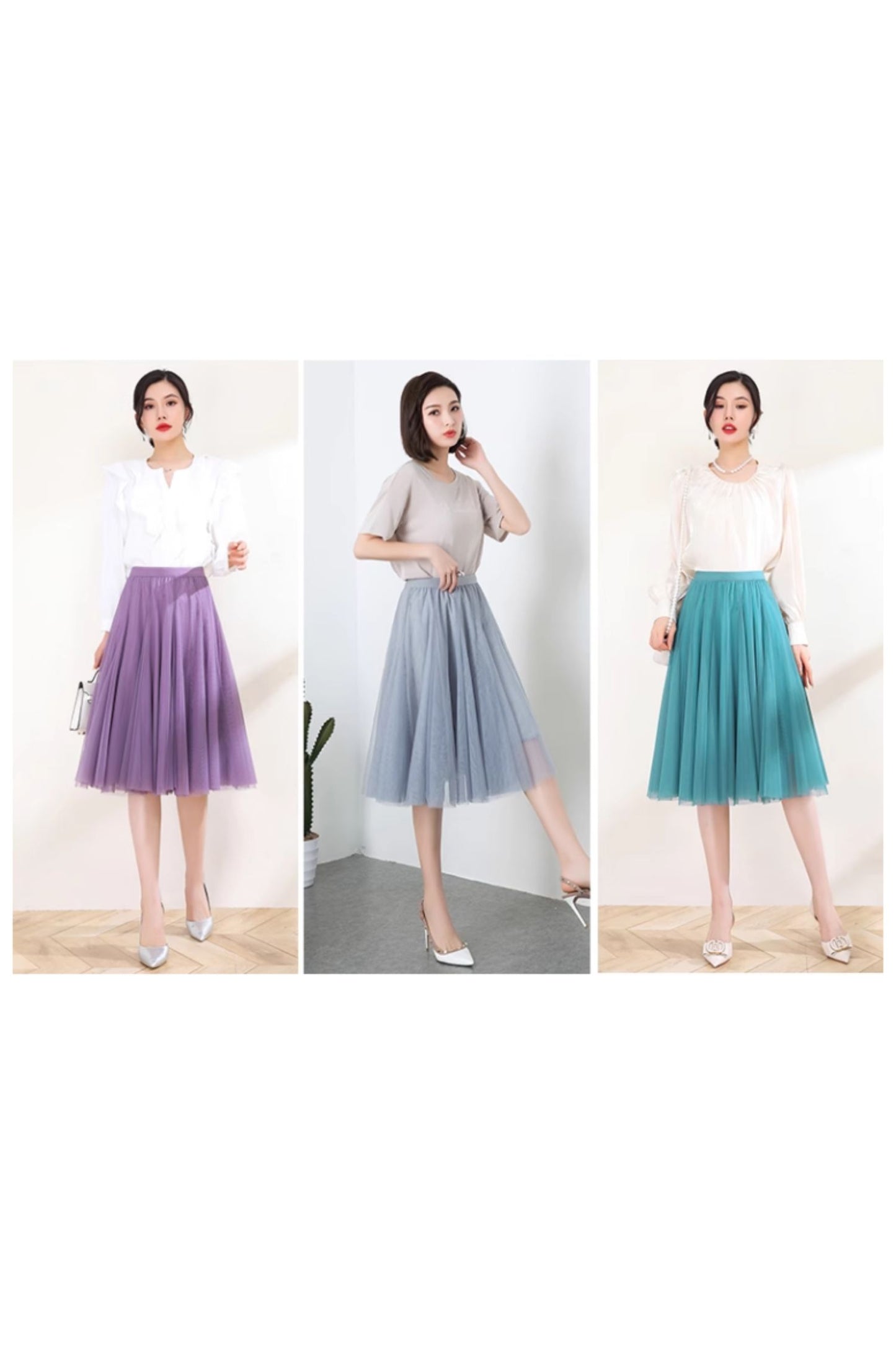 Light blue Tulle Midi Skirt - A-Line Swing Silhouette 6130